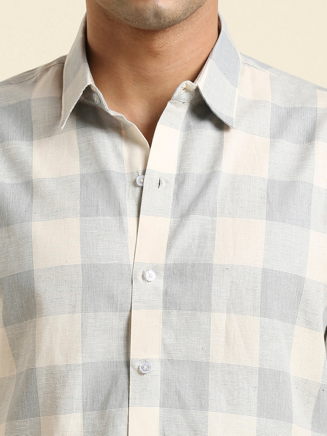 Men's Slim Fit Light Grey Buffalo Check Linen Shirt