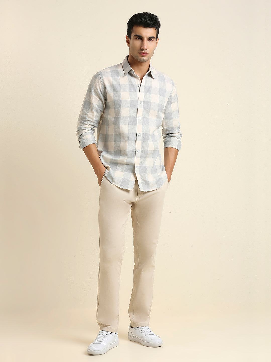 Men's Slim Fit Light Grey Buffalo Check Linen Shirt