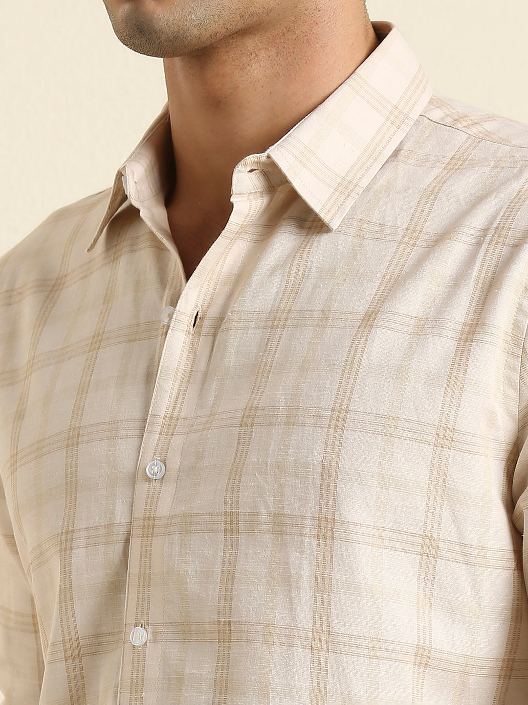 Men's Slim Fit Neutral Plaid Check Linen Shirt