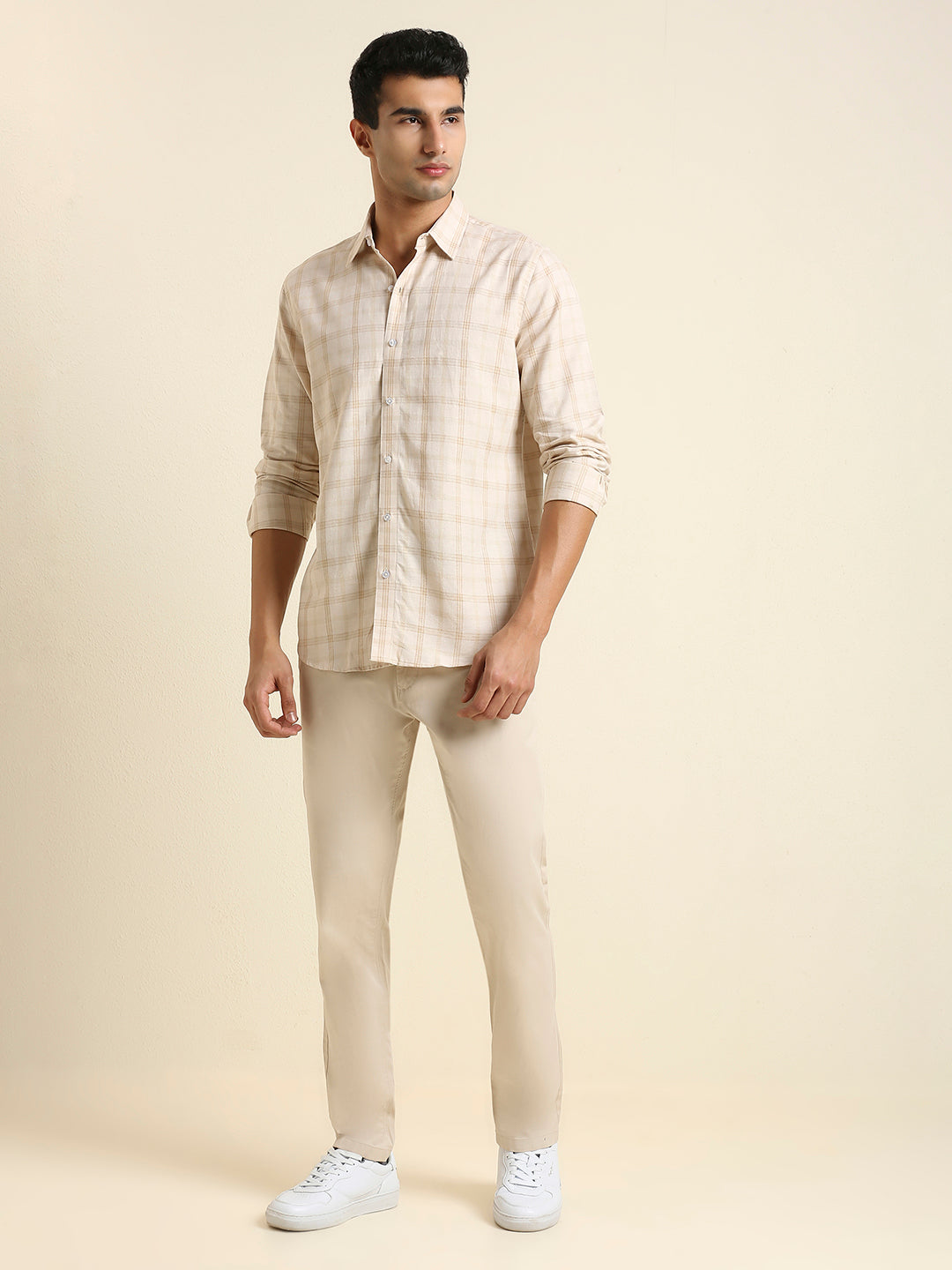 Men's Slim Fit Neutral Plaid Check Linen Shirt