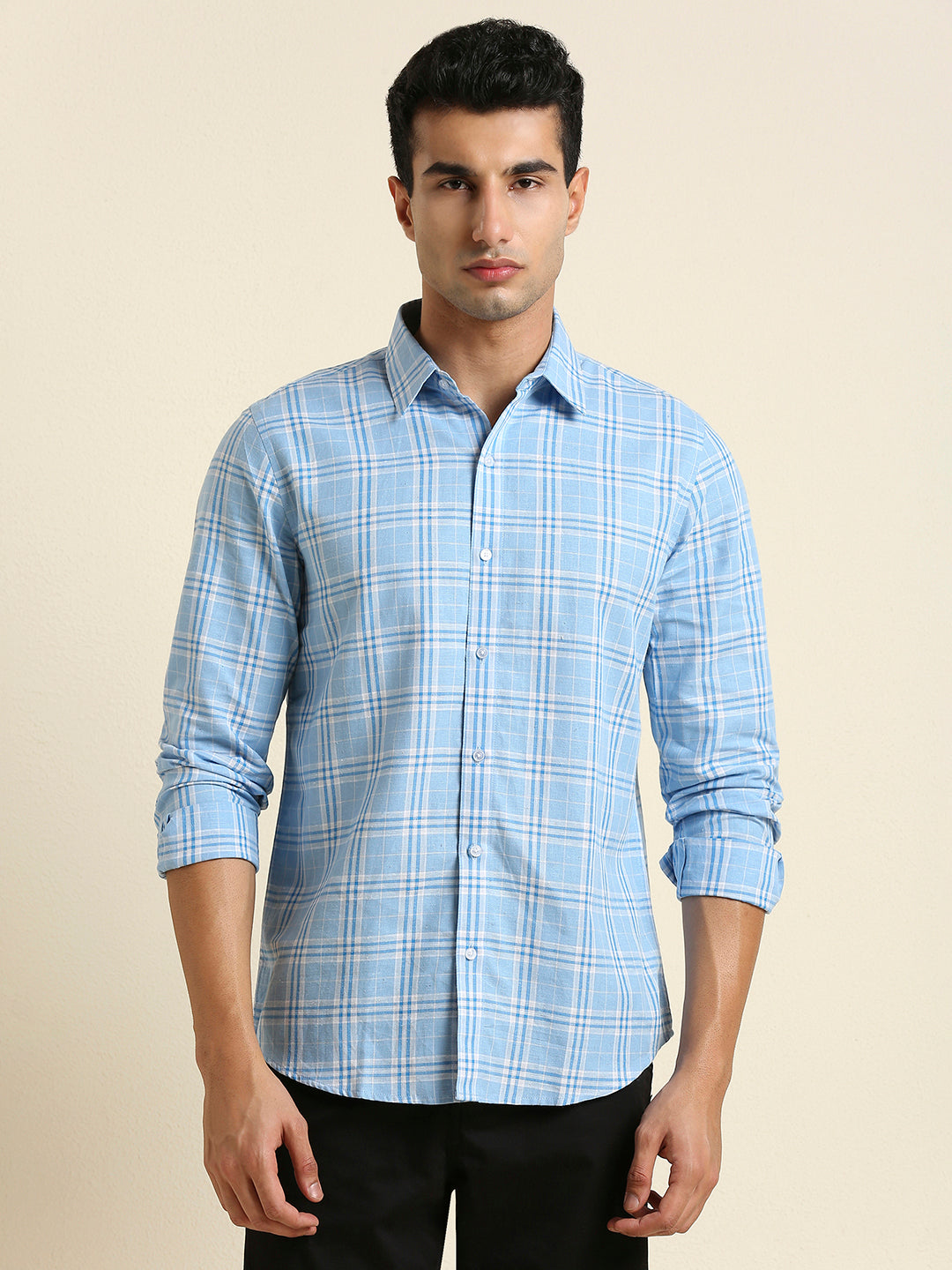 Men's Slim Fit Sky Blue Plaid Check Linen Shirt