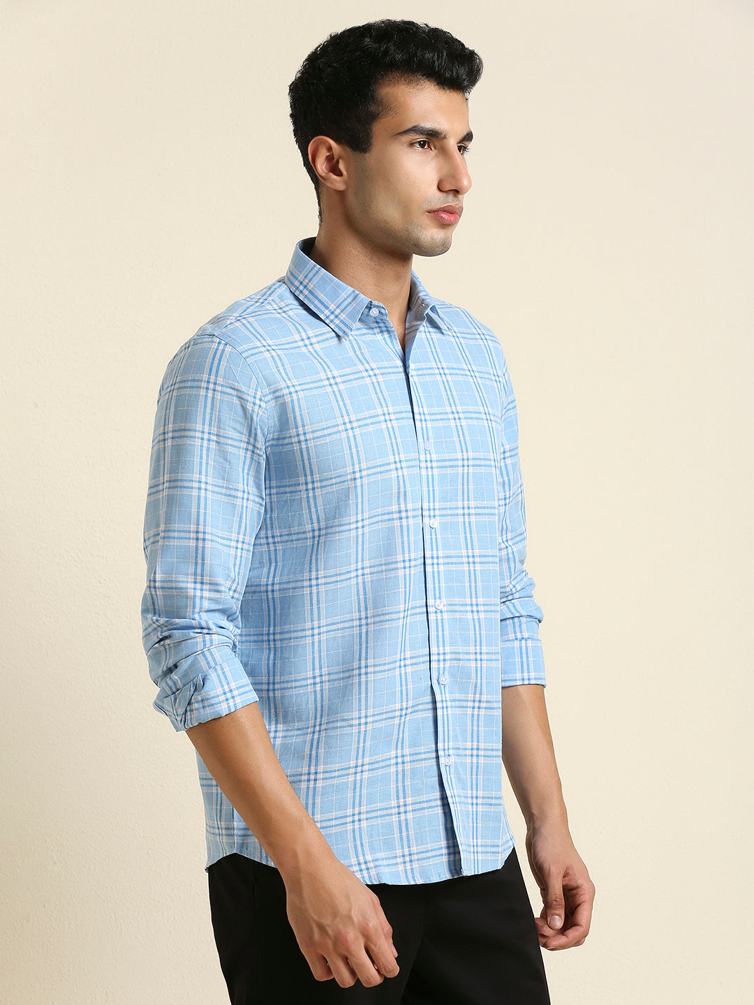 Men's Slim Fit Sky Blue Plaid Check Linen Shirt