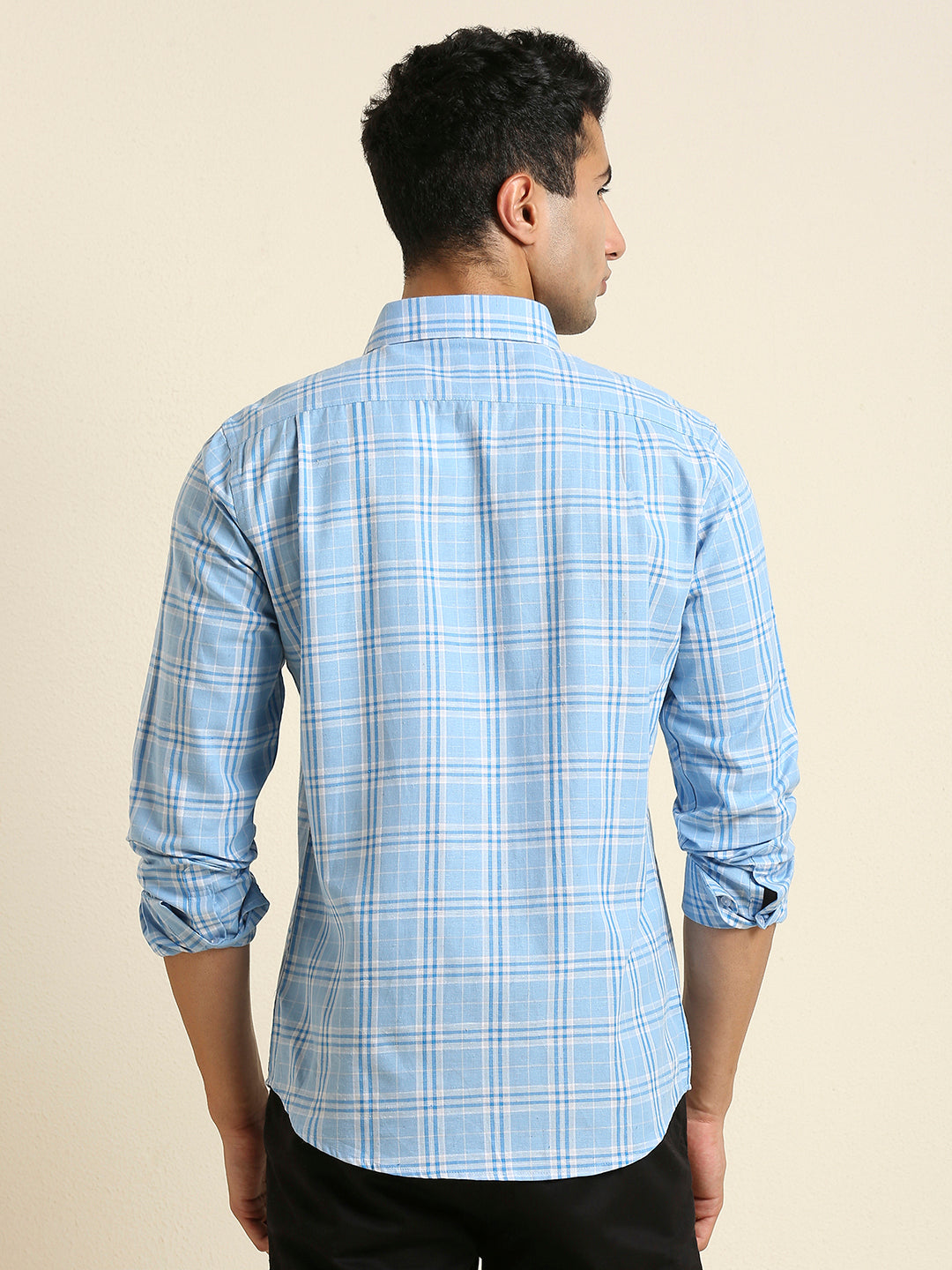 Men's Slim Fit Sky Blue Plaid Check Linen Shirt