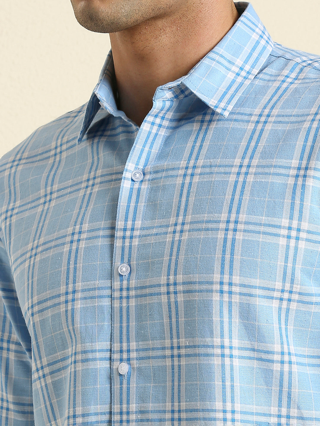 Men's Slim Fit Sky Blue Plaid Check Linen Shirt