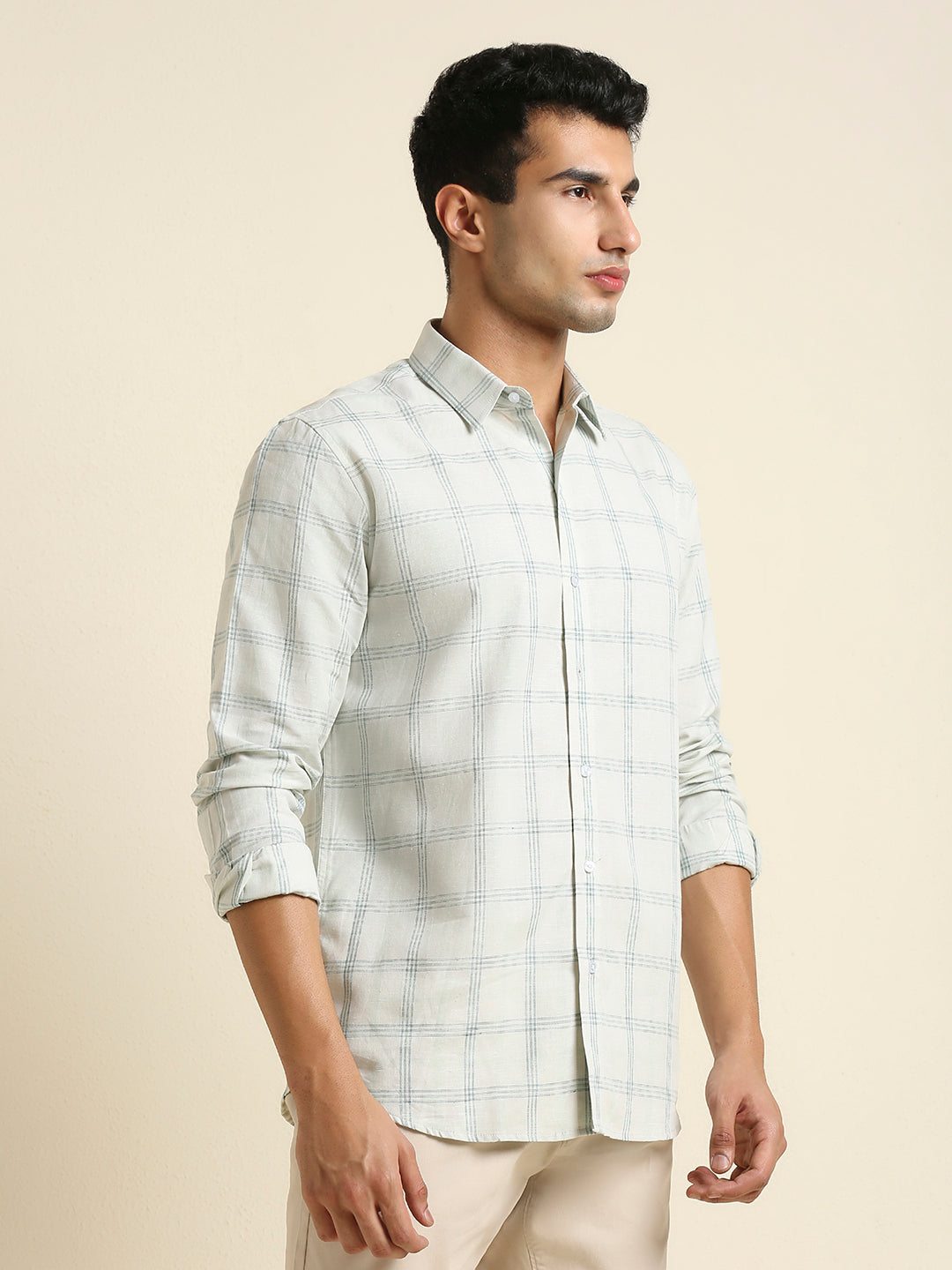 Men's Slim Fit Light Sage Plaid Check Linen Shirt