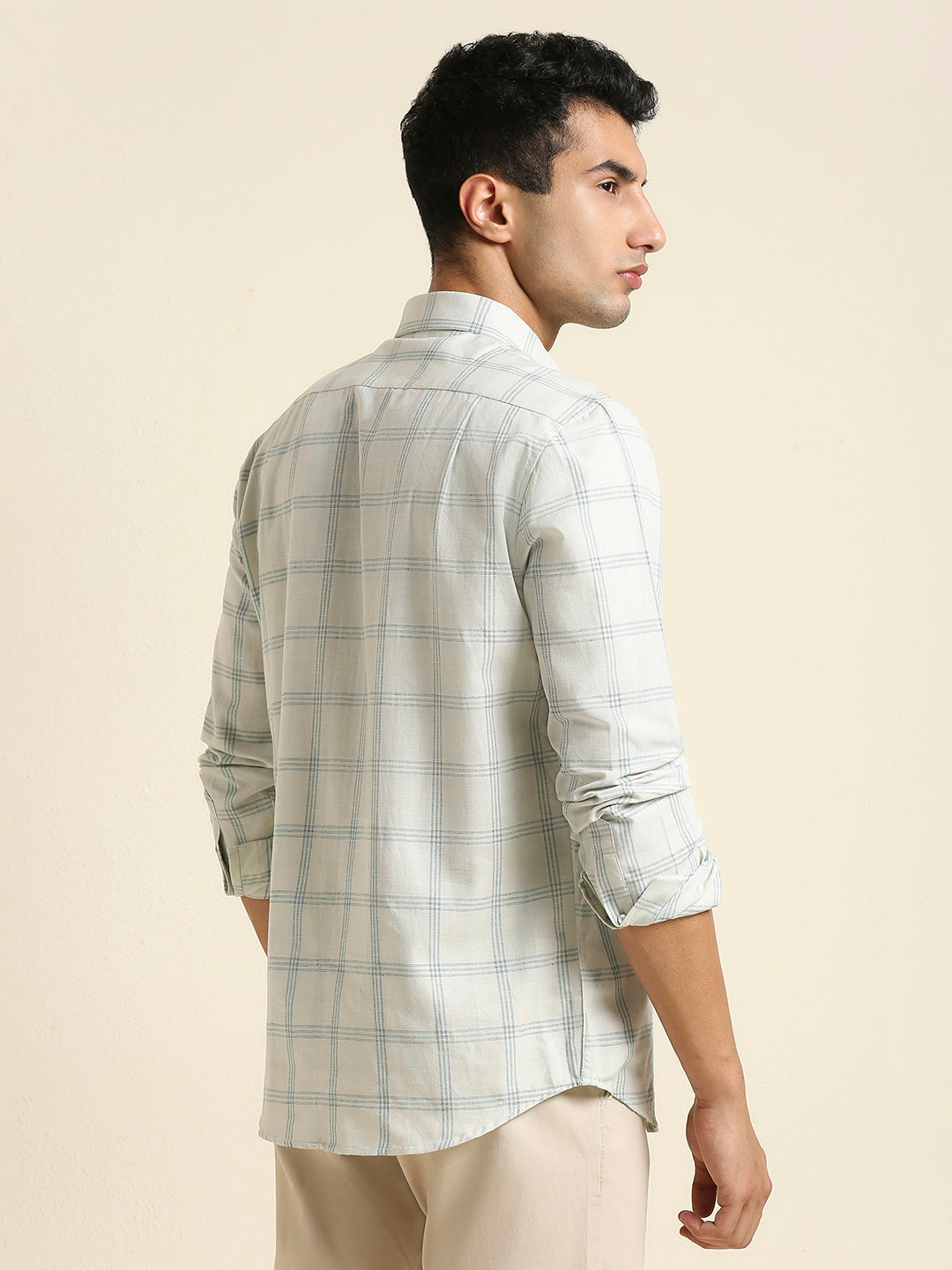Men's Slim Fit Light Sage Plaid Check Linen Shirt