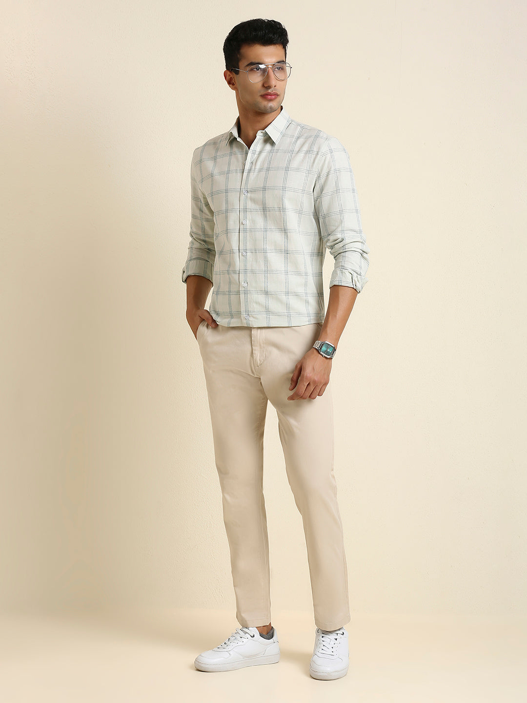 Men's Slim Fit Light Sage Plaid Check Linen Shirt
