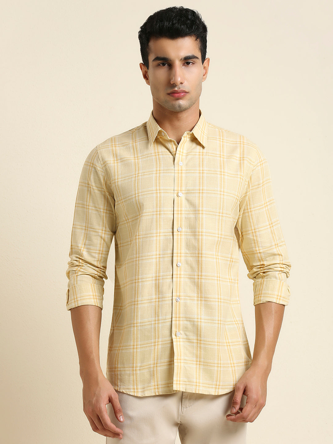 Men's Slim Fit Warm Yellow Plaid Check Linen Shirt