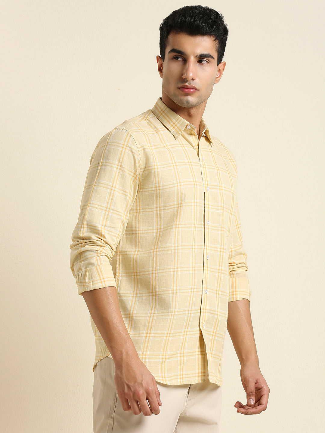 Men's Slim Fit Warm Yellow Plaid Check Linen Shirt
