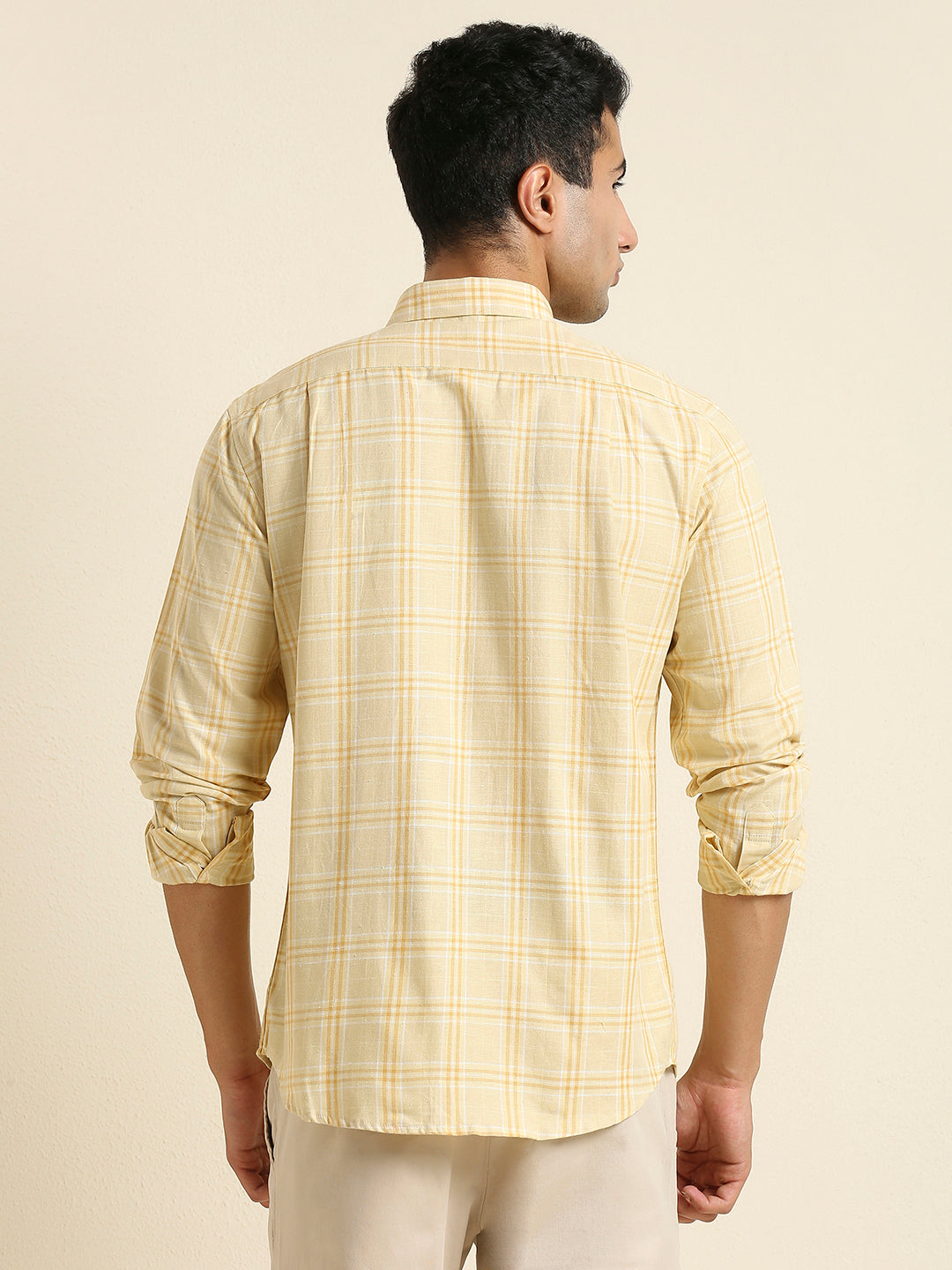 Men's Slim Fit Warm Yellow Plaid Check Linen Shirt