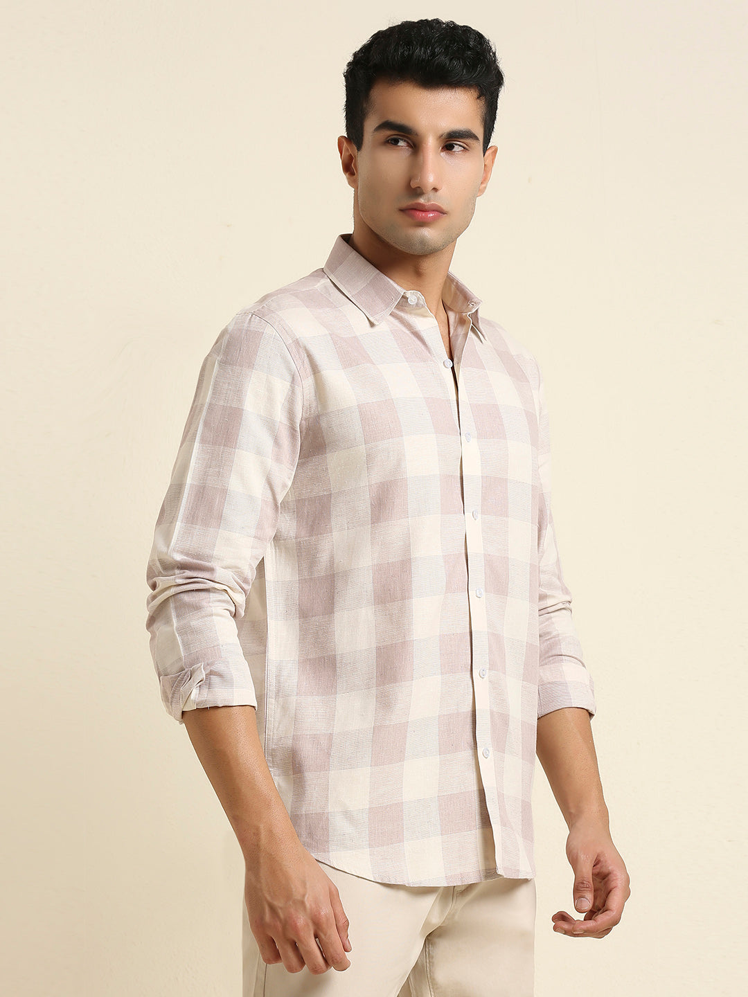 Men's Slim Fit Dusty Rose Buffalo Check Linen Shirt