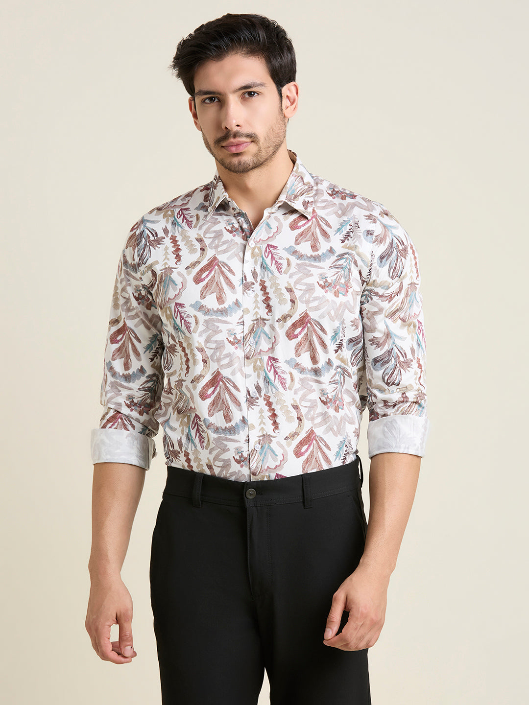 Men's Slim Fit White Abstract 100% Cotton Shirt | Mark & Albert