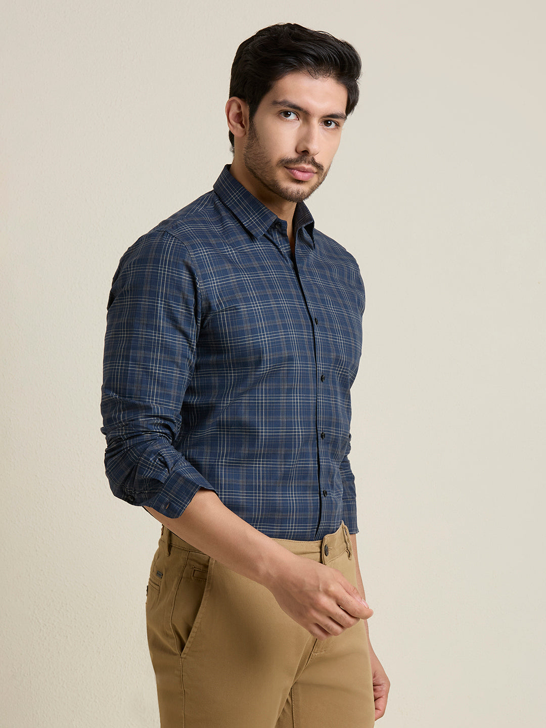 Men's Slim Fit Navy Plaid Checkered Cotton Shirt