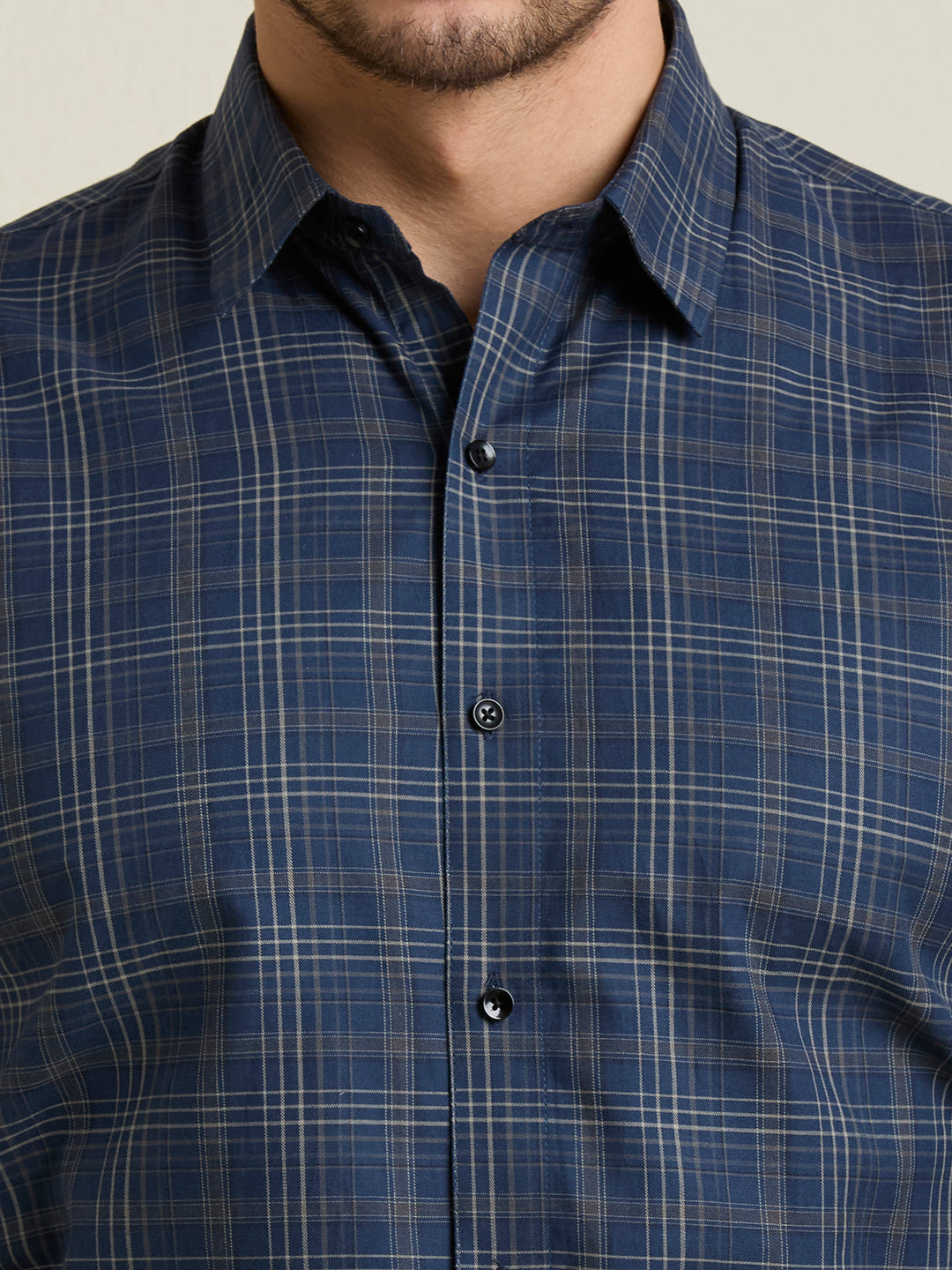 Men's Slim Fit Navy Plaid Checkered Cotton Shirt