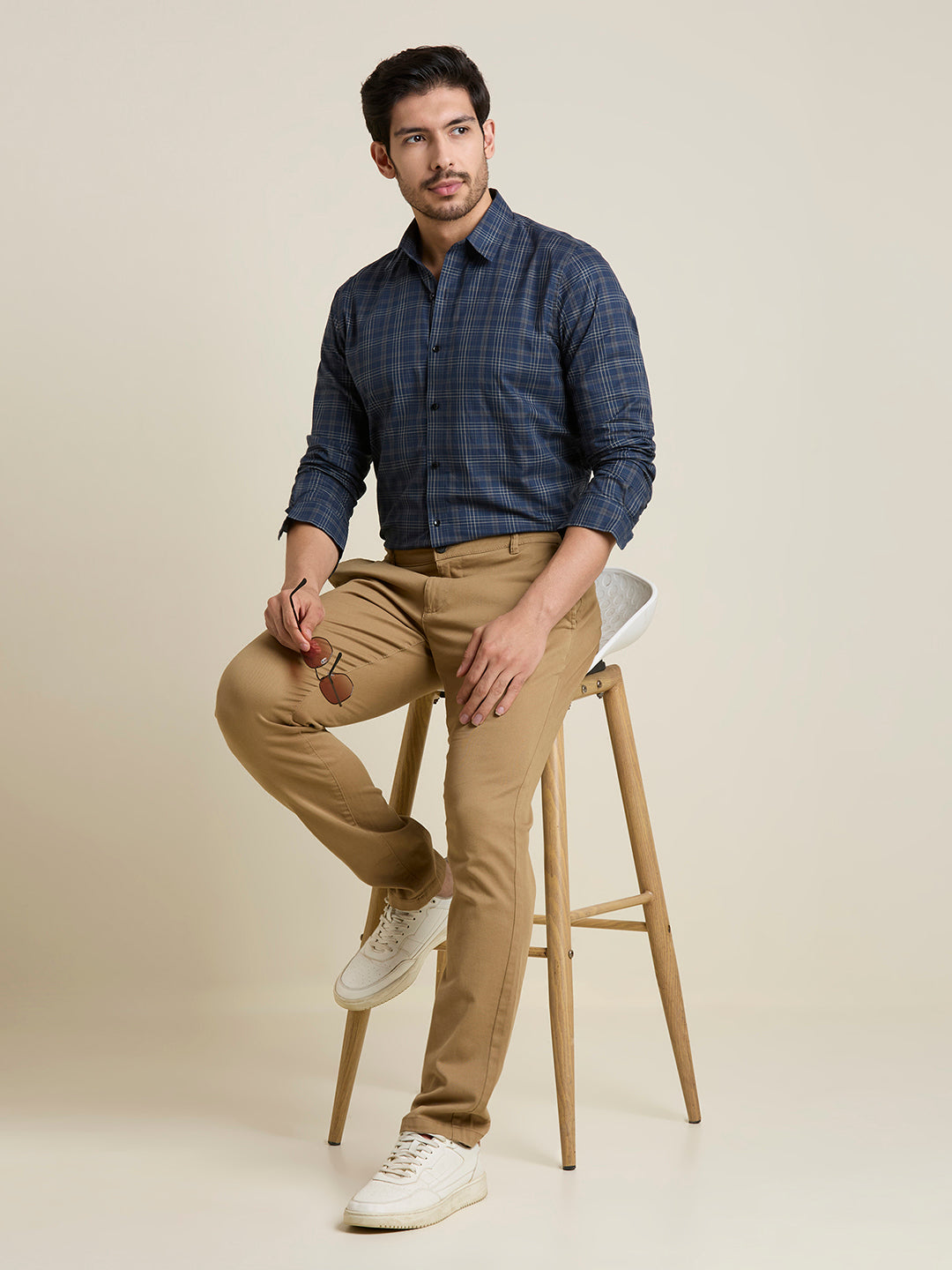 Men's Slim Fit Navy Plaid Checkered Cotton Shirt