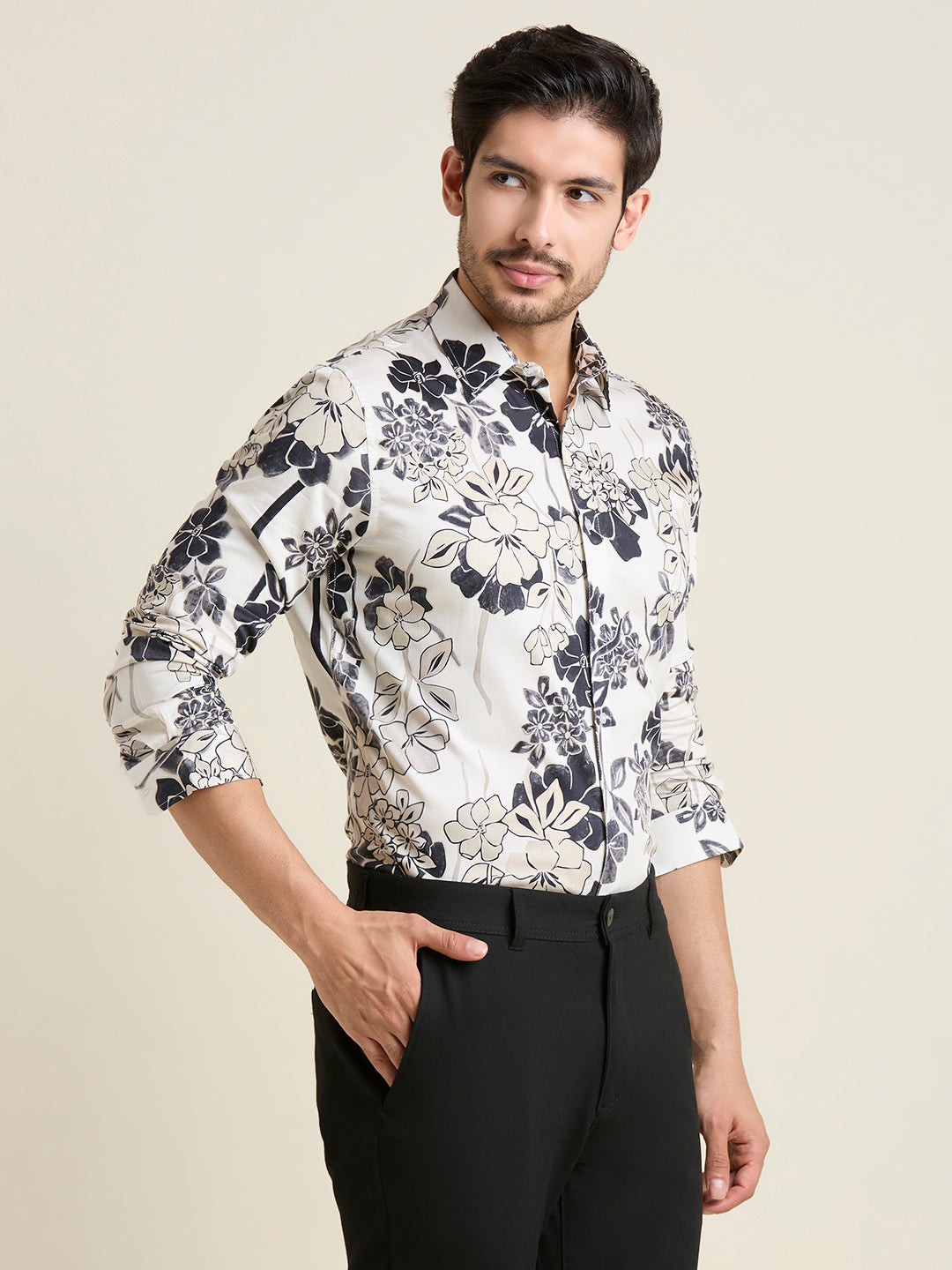 Men's Slim Fit Ivory Mist Floral 100% Giza Cotton Shirt | Mark & Albert