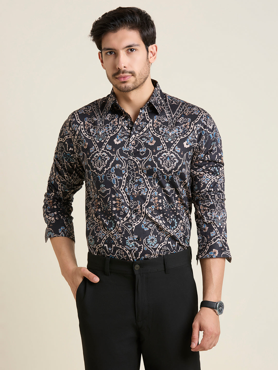 Men's Slim Fit Black Printed 100% Cotton Shirt | Mark & Albert