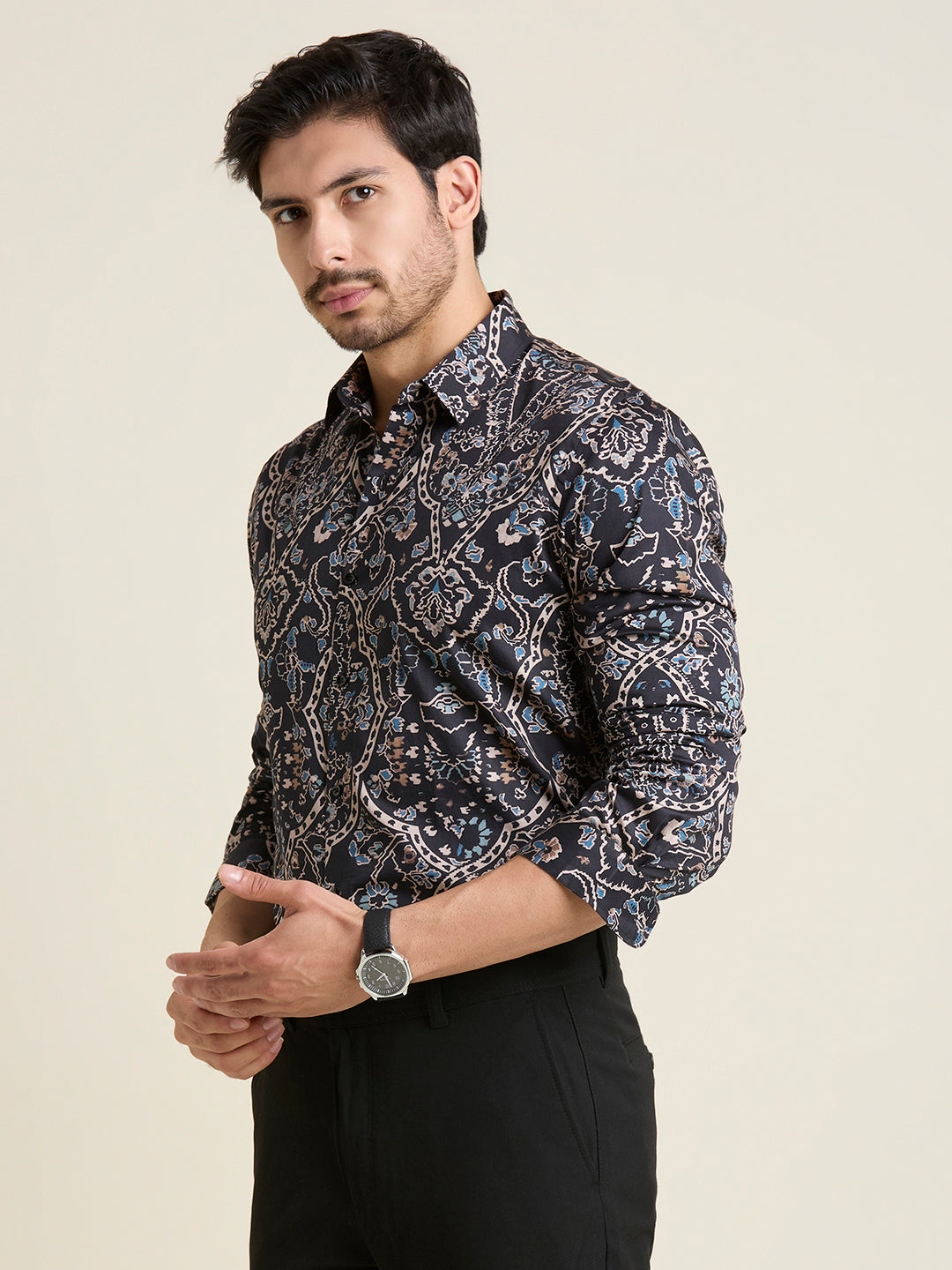 Men's Slim Fit Black Printed 100% Cotton Shirt | Mark & Albert