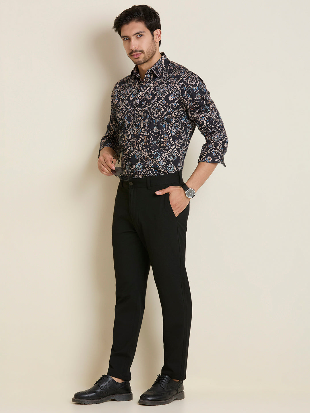 Men's Slim Fit Black Printed 100% Cotton Shirt | Mark & Albert