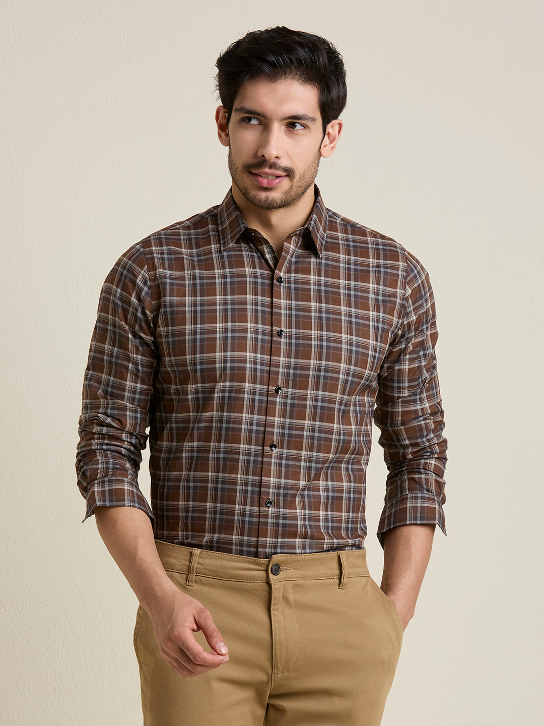 Men's Slim Fit Brown Plaid Checkered Cotton Shirt
