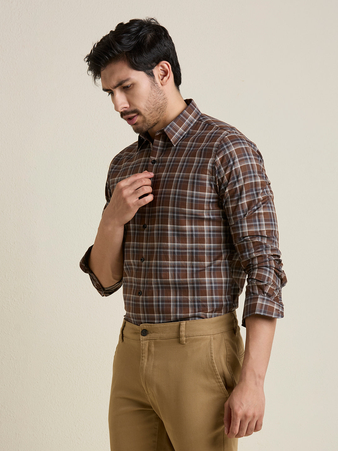 Men's Slim Fit Brown Plaid Checkered Cotton Shirt