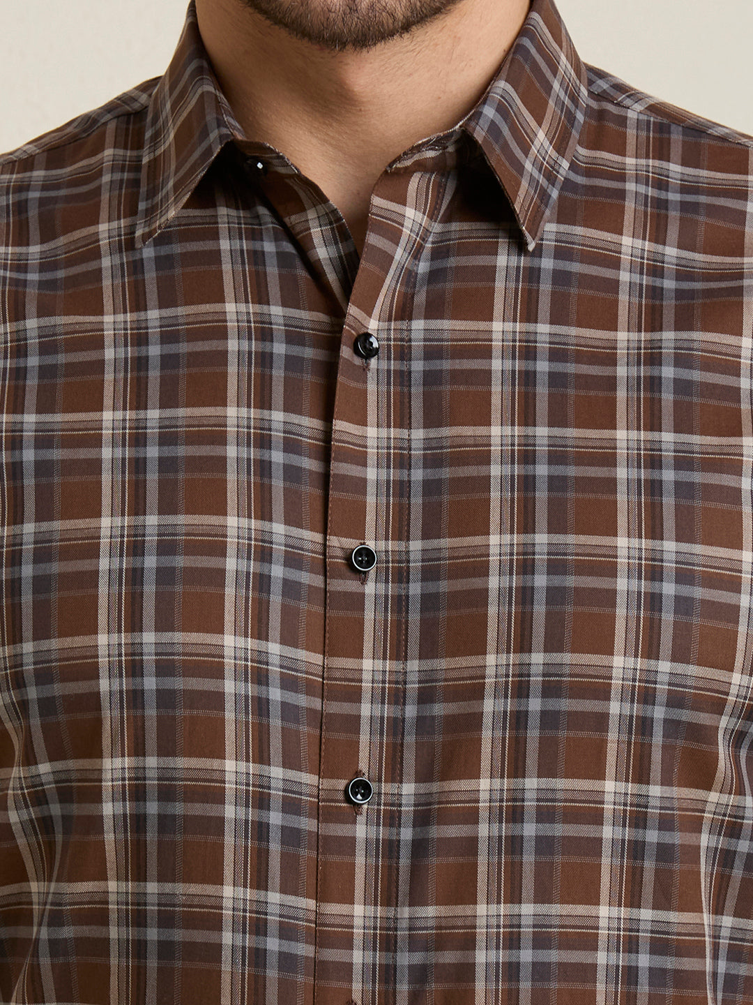 Men's Slim Fit Brown Plaid Checkered Cotton Shirt