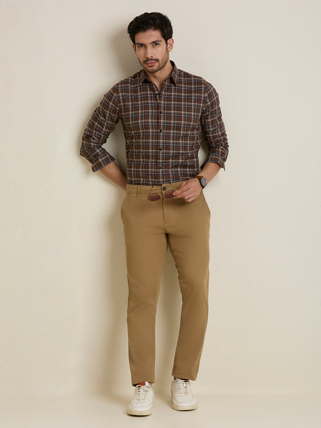 Men's Slim Fit Brown Plaid Checkered Cotton Shirt