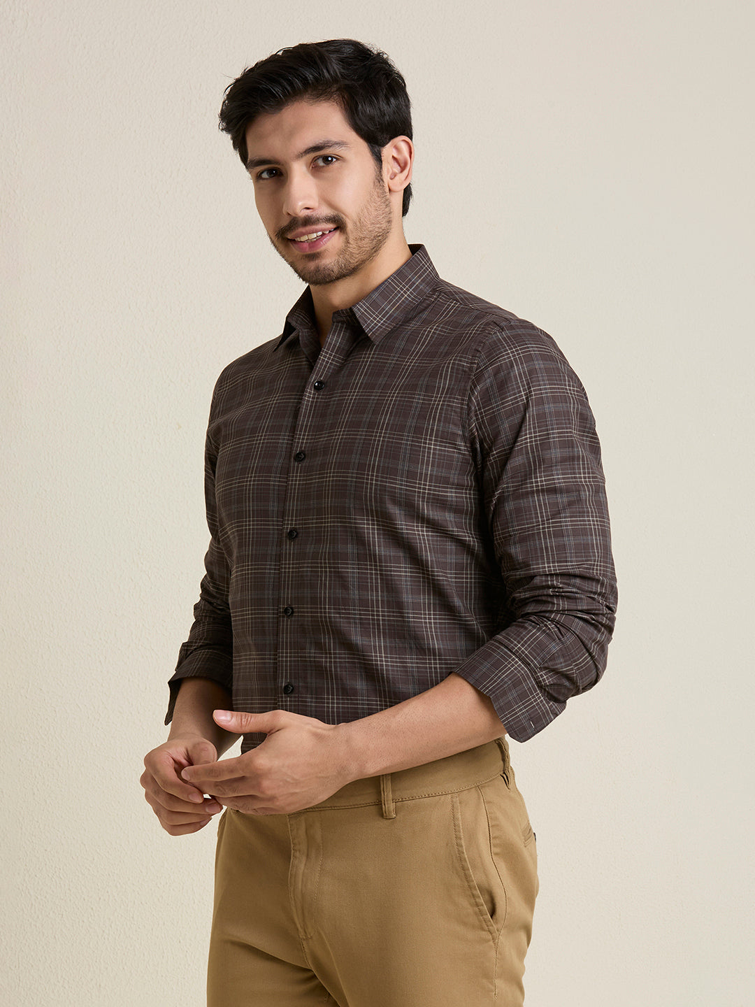 Men's Slim Fit Brown Plaid Checkered Cotton Shirt