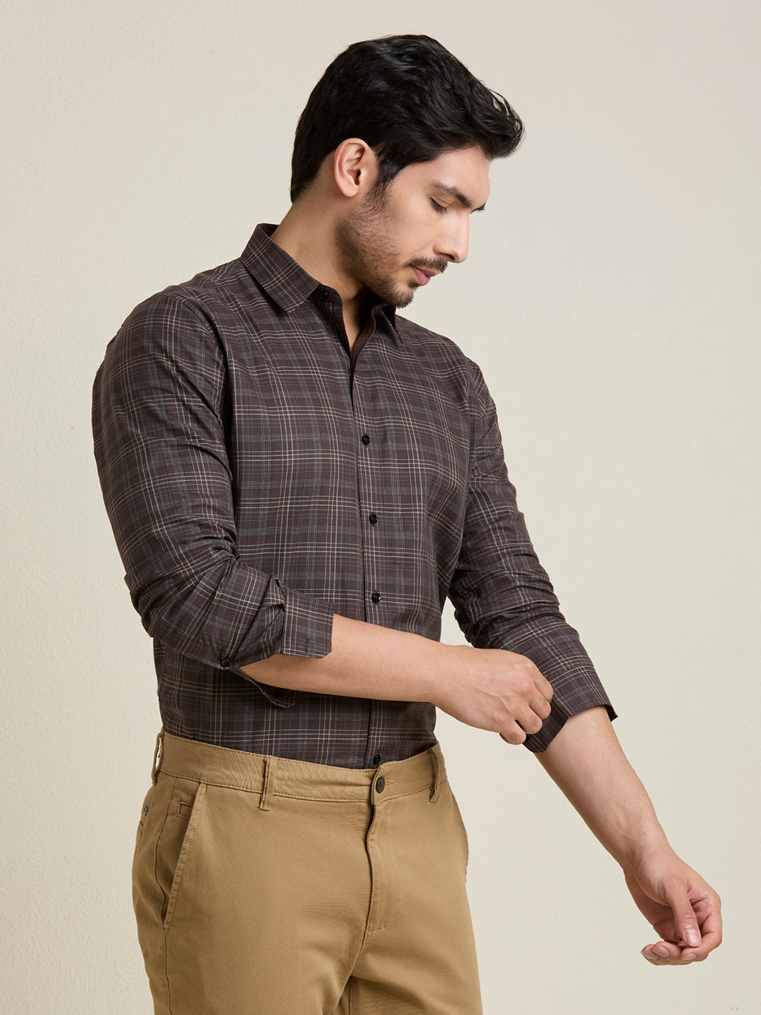 Men's Slim Fit Brown Plaid Checkered Cotton Shirt