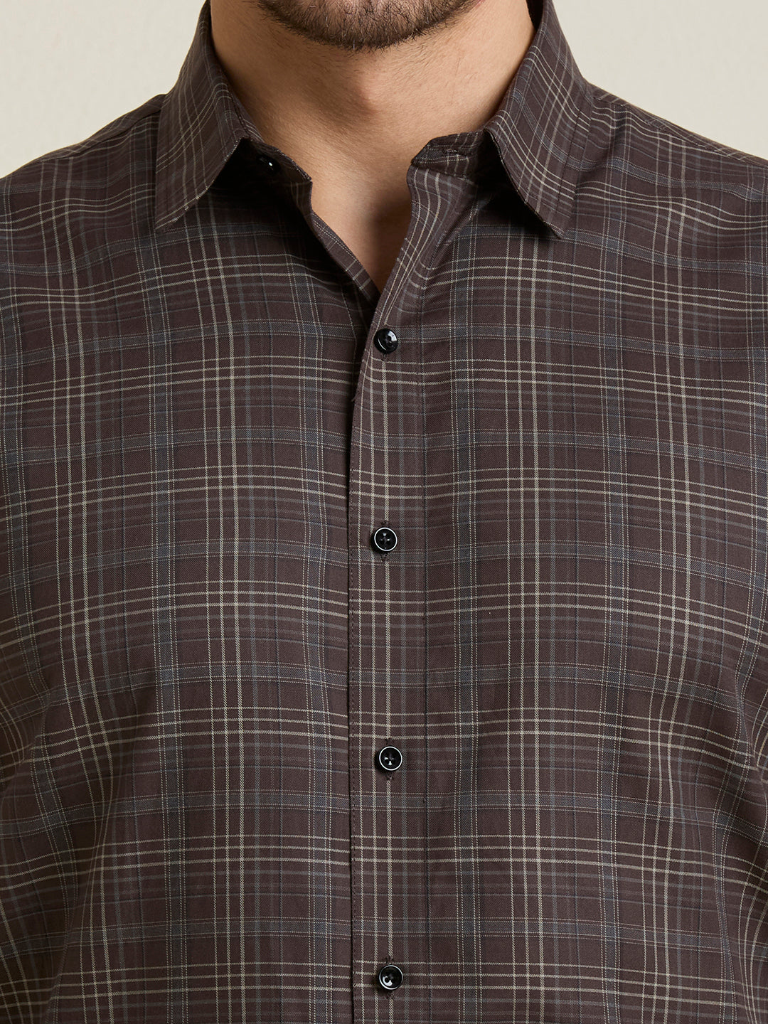 Men's Slim Fit Brown Plaid Checkered Cotton Shirt
