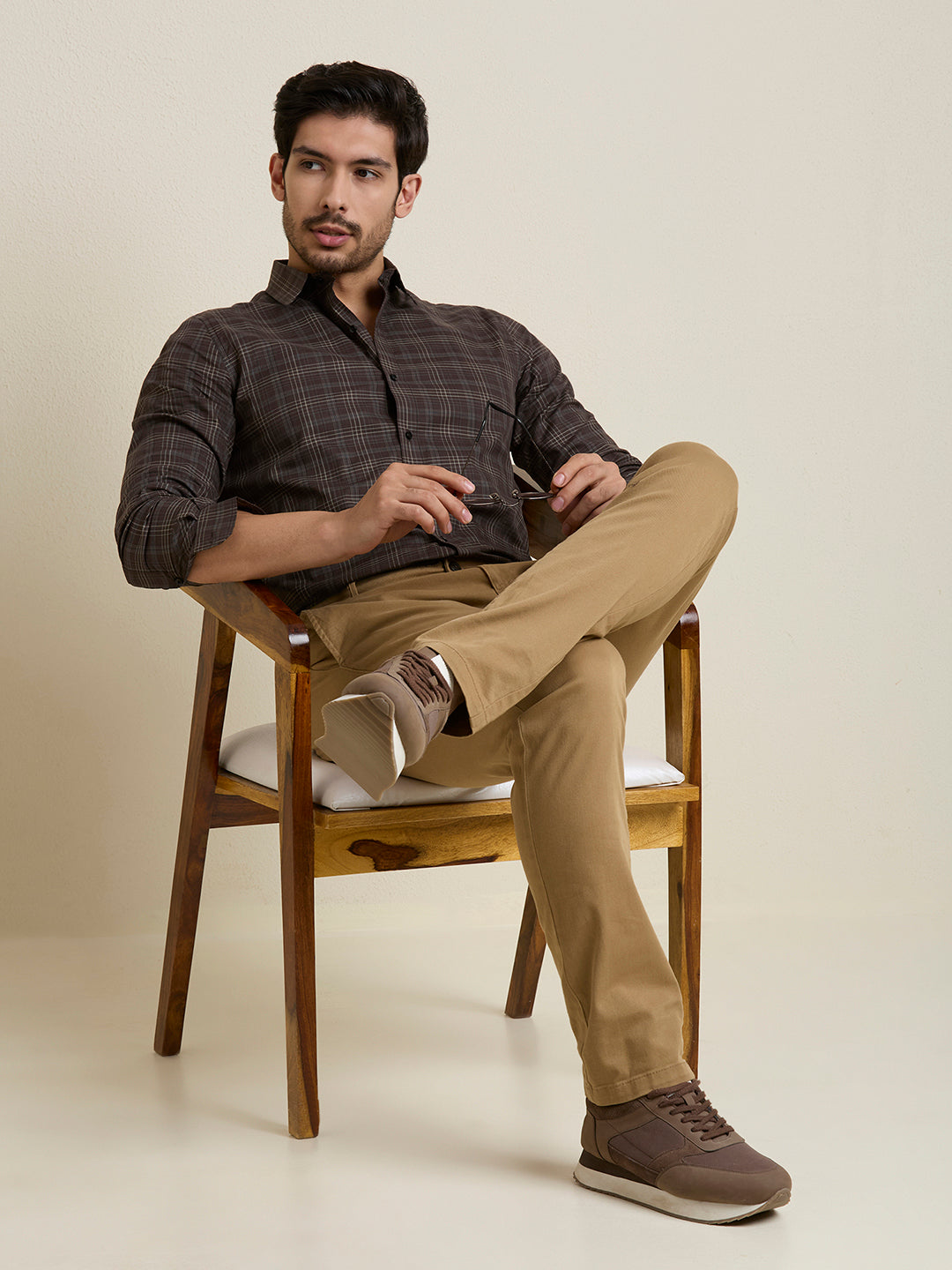 Men's Slim Fit Brown Plaid Checkered Cotton Shirt