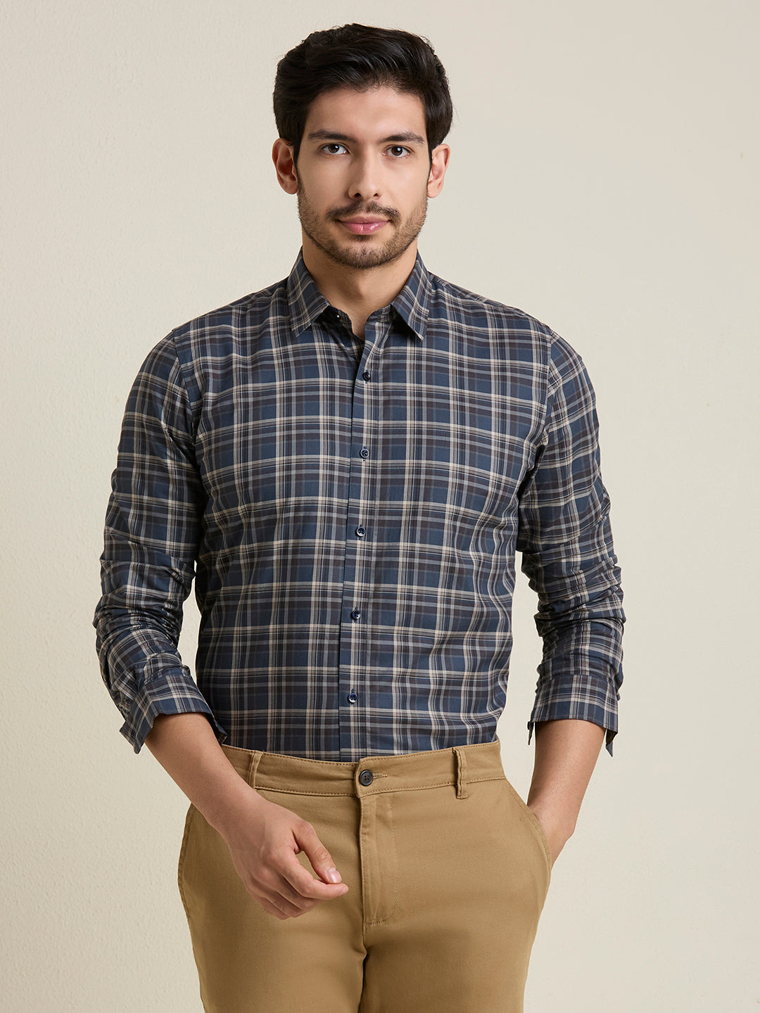 Men's Slim Fit Navy Plaid Checkered Cotton Shirt