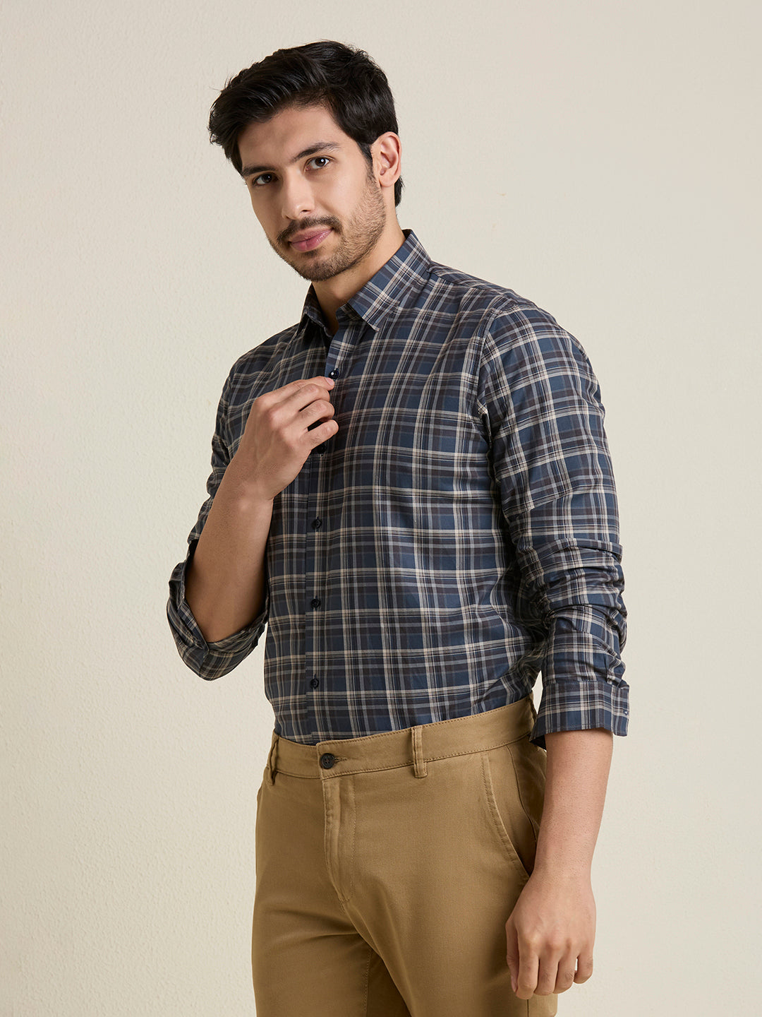 Men's Slim Fit Navy Plaid Checkered Cotton Shirt