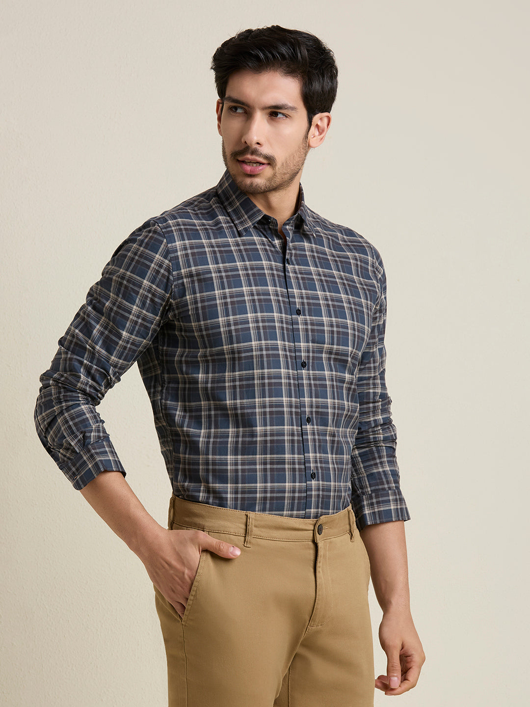 Men's Slim Fit Navy Plaid Checkered Cotton Shirt