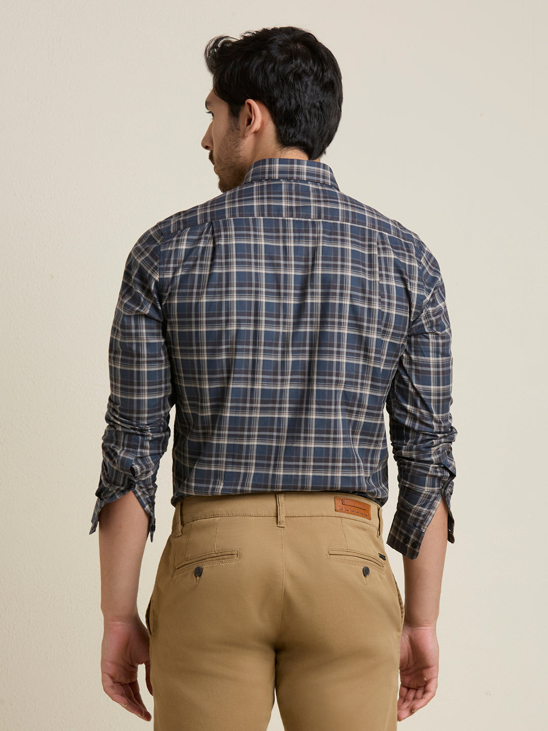 Men's Slim Fit Navy Plaid Checkered Cotton Shirt