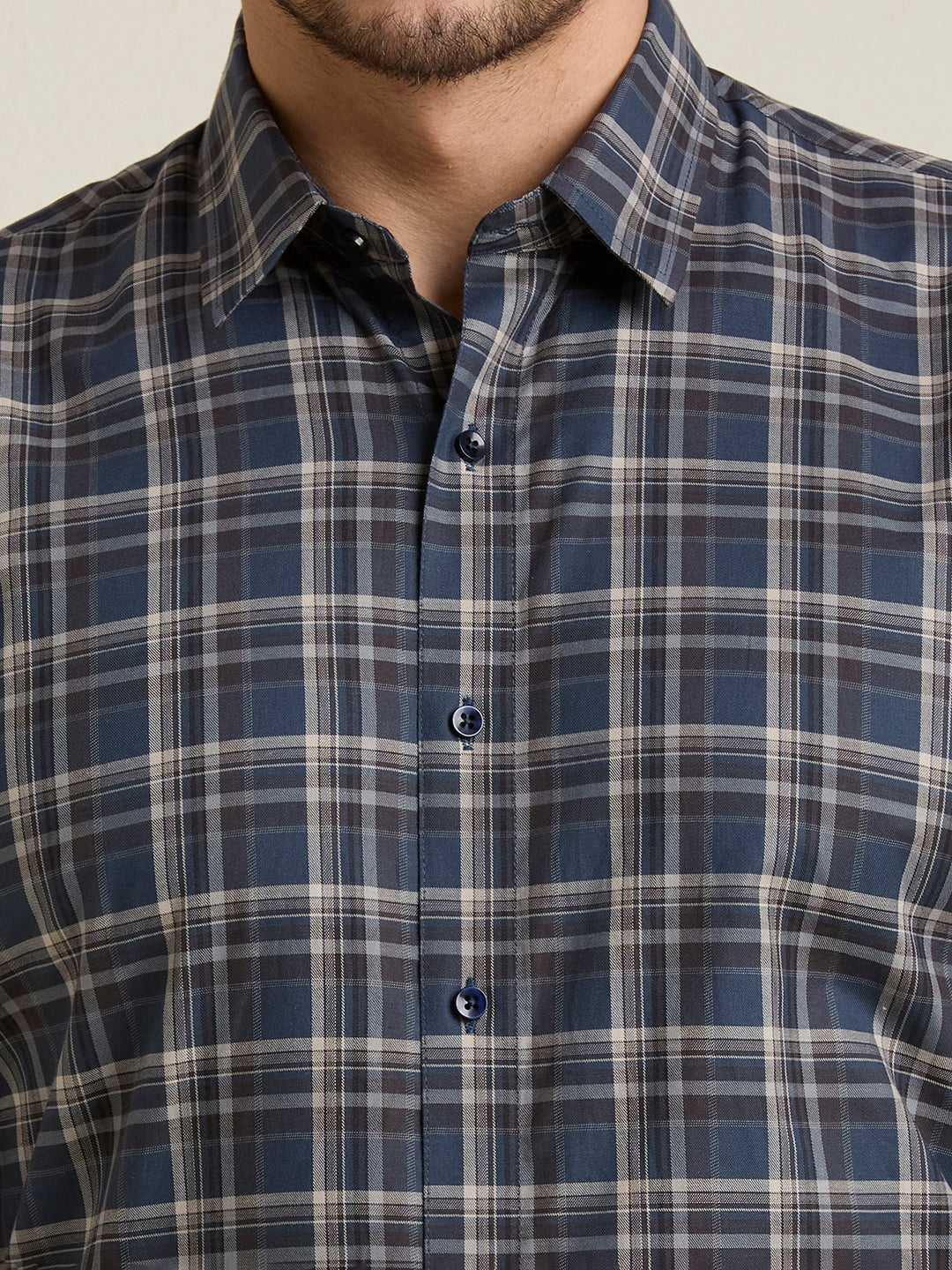 Men's Slim Fit Navy Plaid Checkered Cotton Shirt