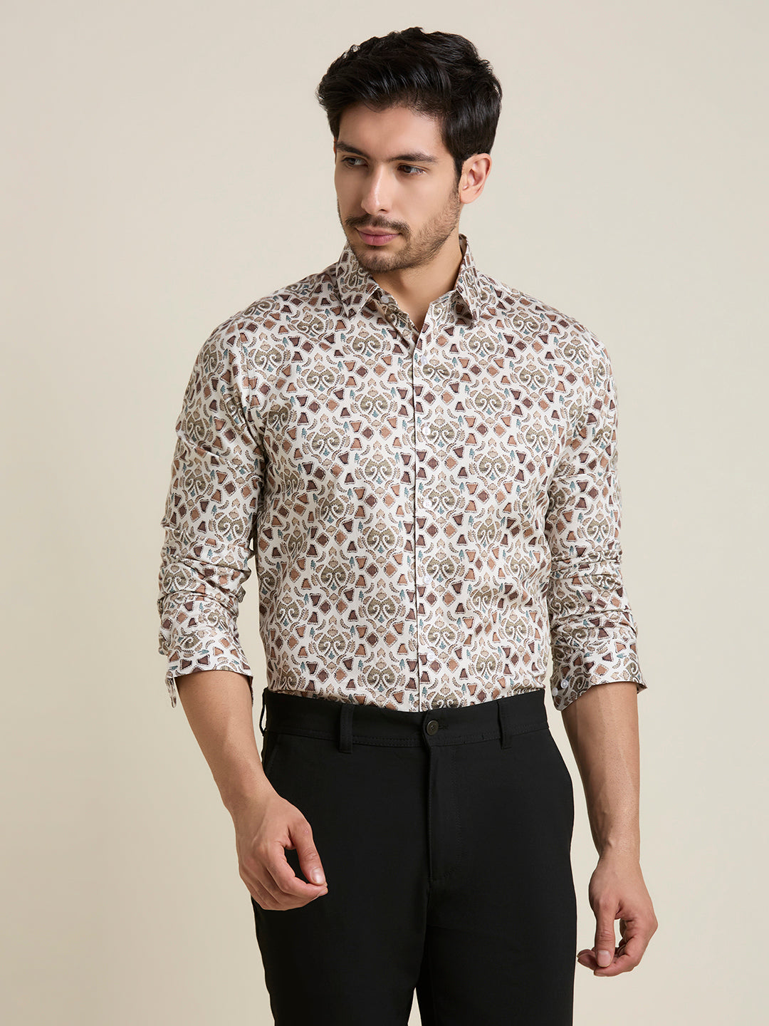 Men's Slim Fit White Printed 100% Cotton Shirt | Mark & Albert