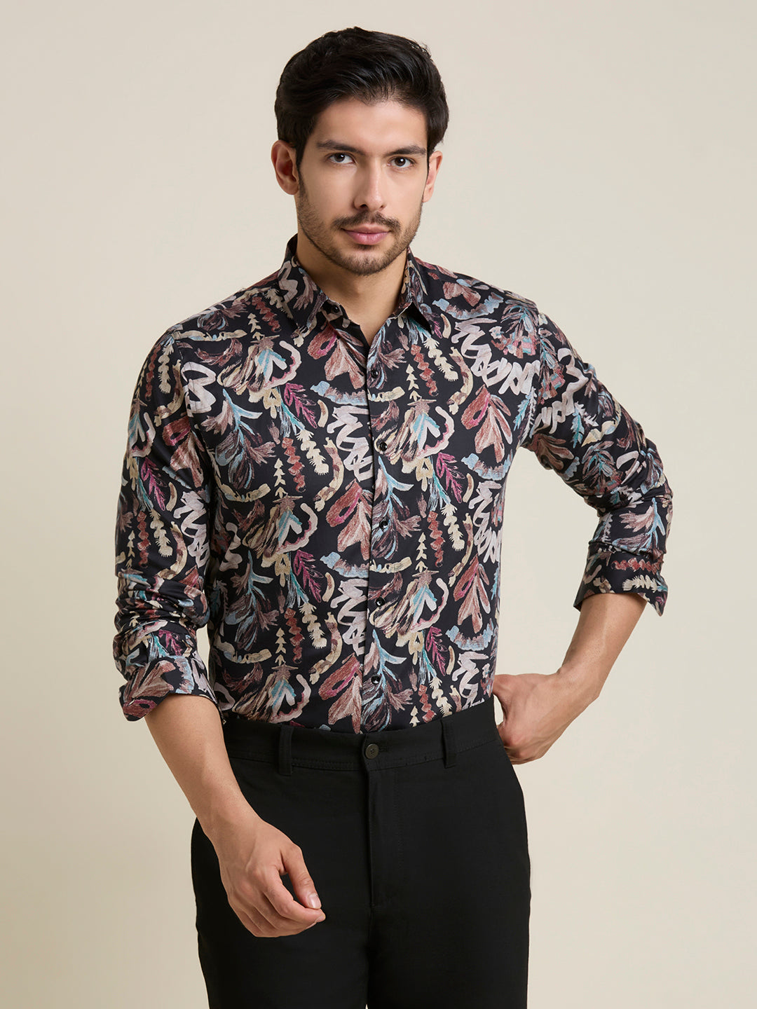 Men's Slim Fit Charcoal Abstract 100% Giza Cotton Shirt | Mark & Albert