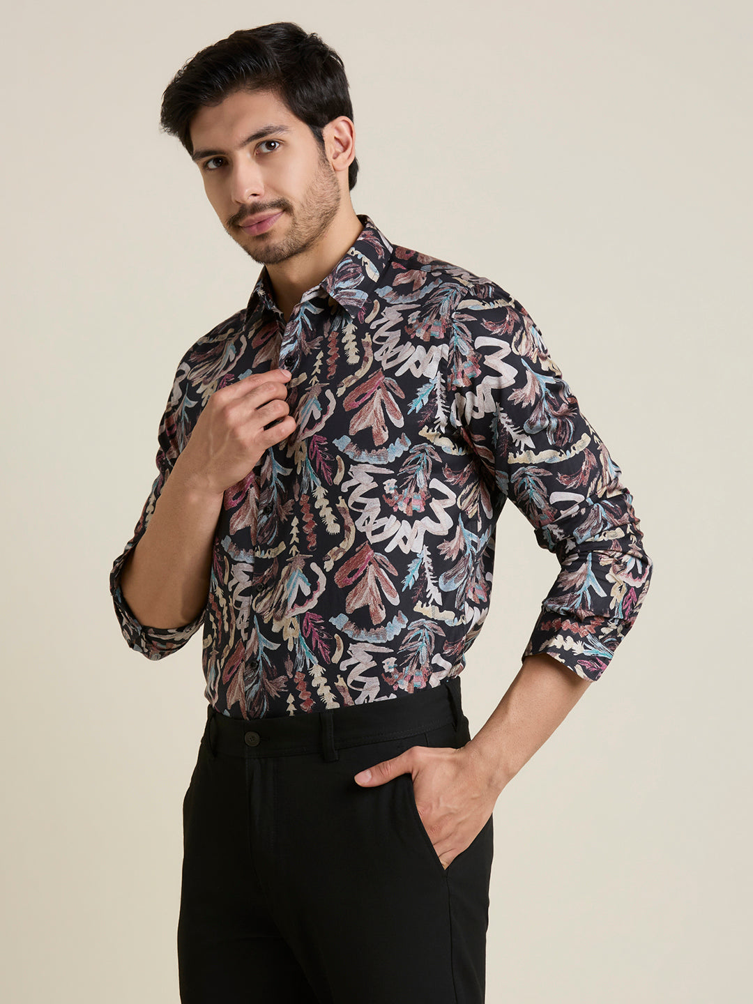 Men's Slim Fit Charcoal Abstract 100% Giza Cotton Shirt | Mark & Albert
