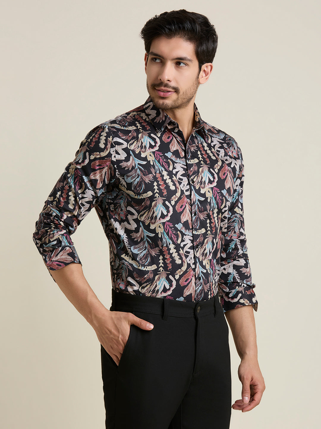 Men's Slim Fit Charcoal Abstract 100% Giza Cotton Shirt | Mark & Albert