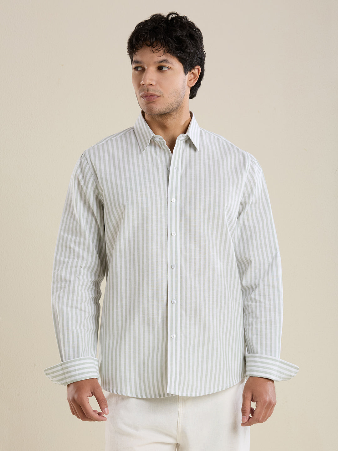 Slim Fit Sage Green Vertical Striped Linen Shirt