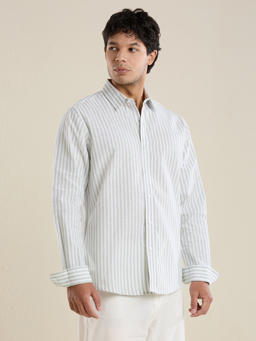 Slim Fit Sage Green Vertical Striped Linen Shirt