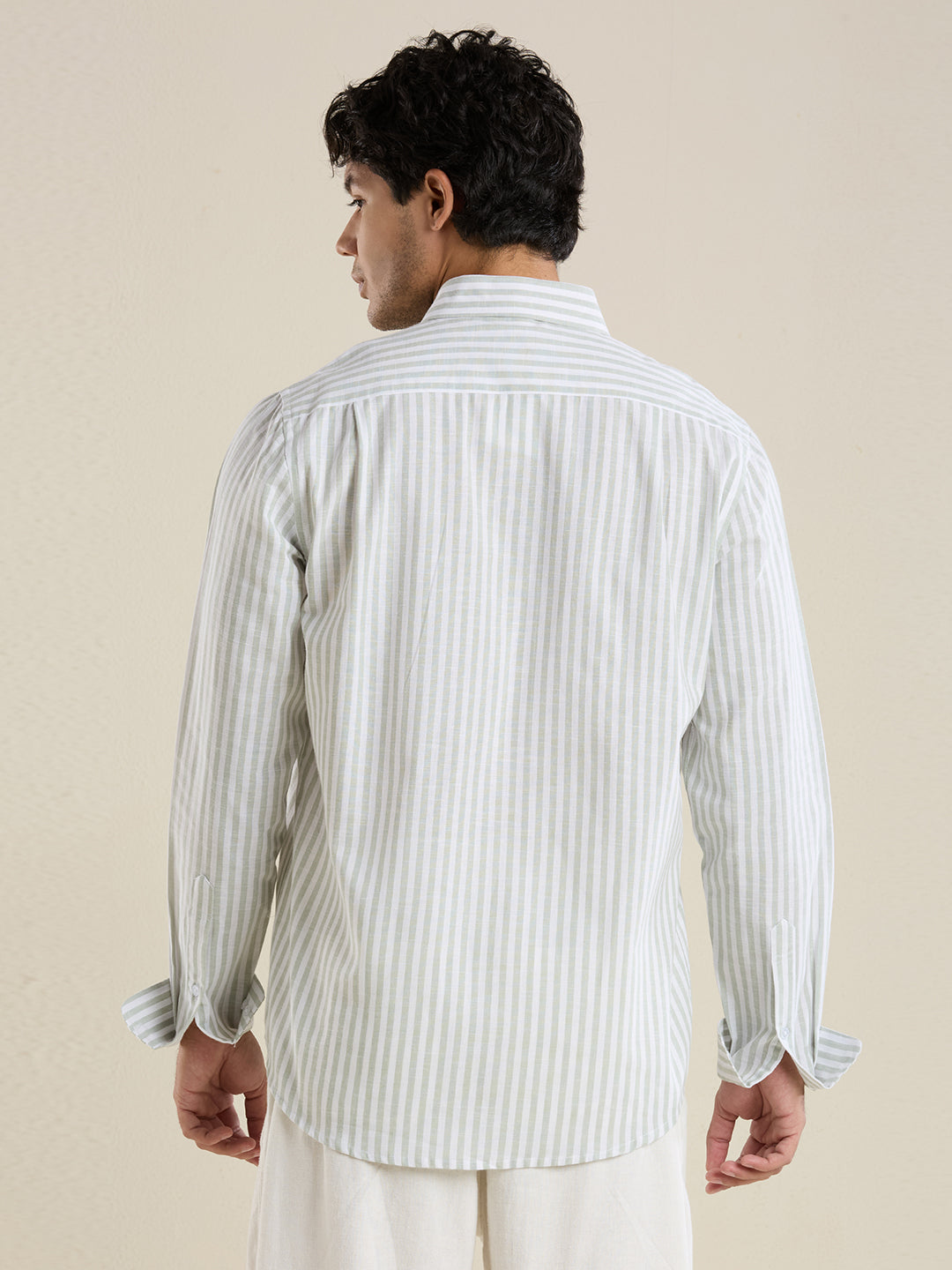 Slim Fit Sage Green Vertical Striped Linen Shirt