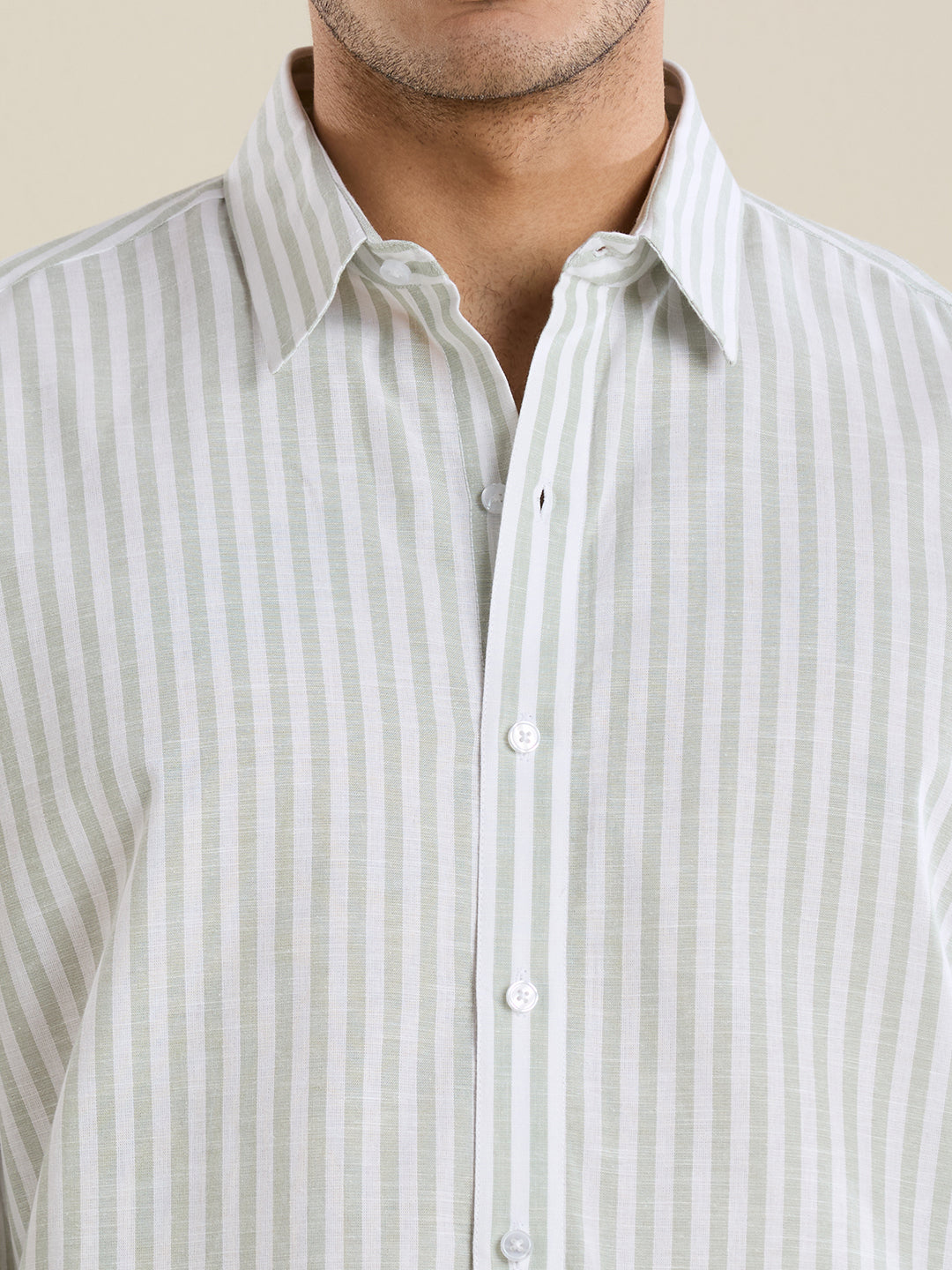 Slim Fit Sage Green Vertical Striped Linen Shirt