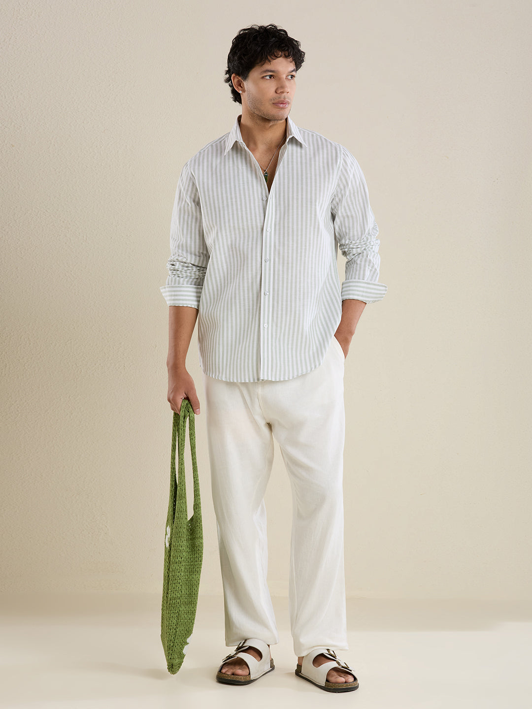 Slim Fit Sage Green Vertical Striped Linen Shirt