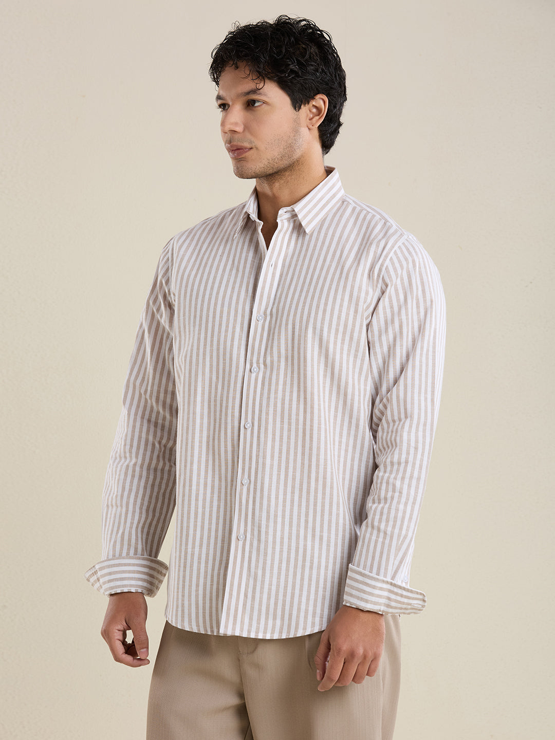 Slim Fit Sand Beige Striped Linen Shirt