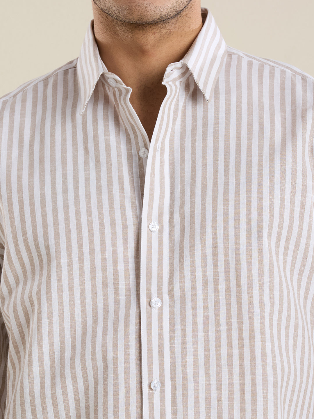 Slim Fit Sand Beige Striped Linen Shirt