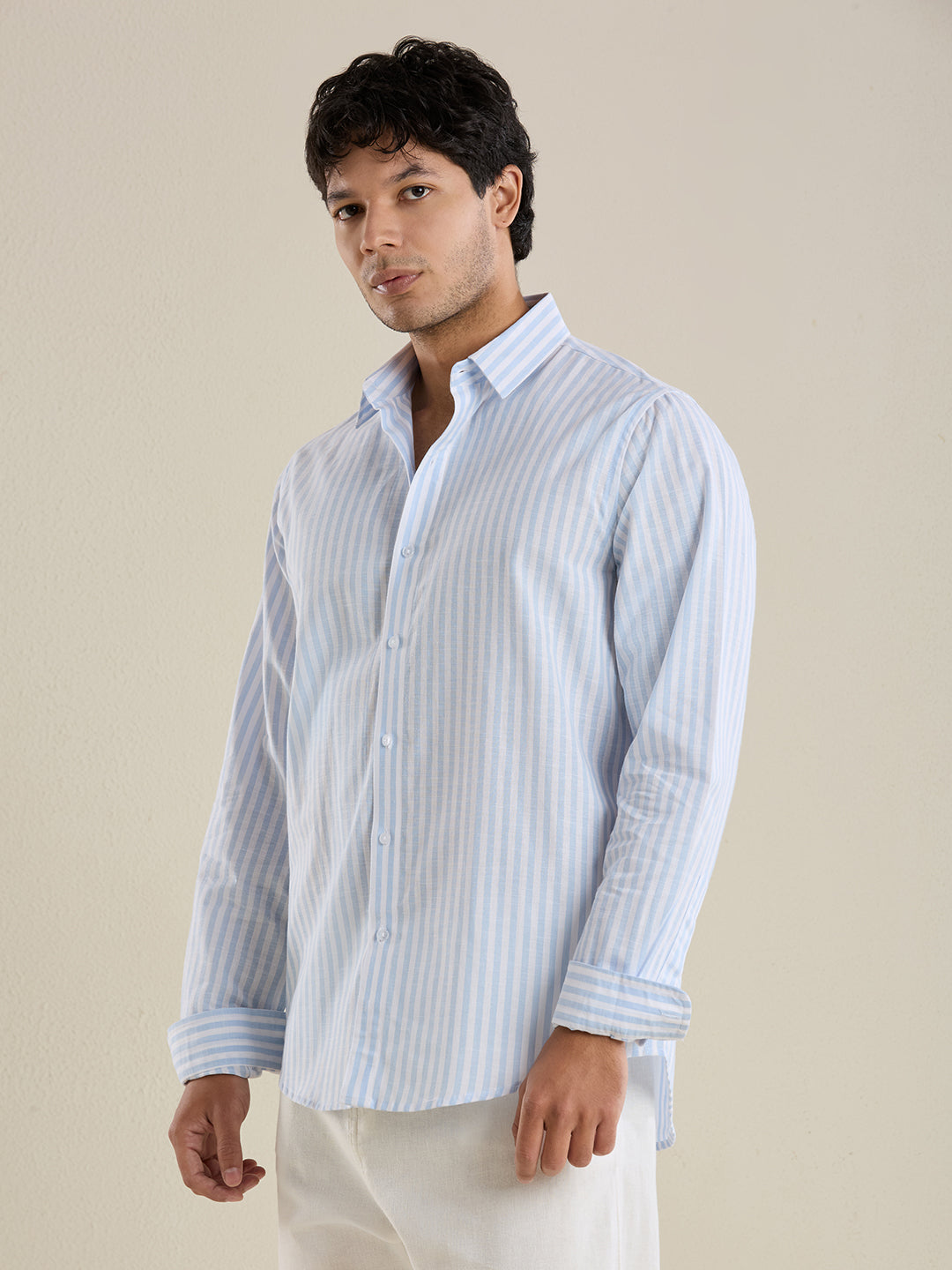 Slim Fit Sky Blue Vertical Striped Linen Shirt