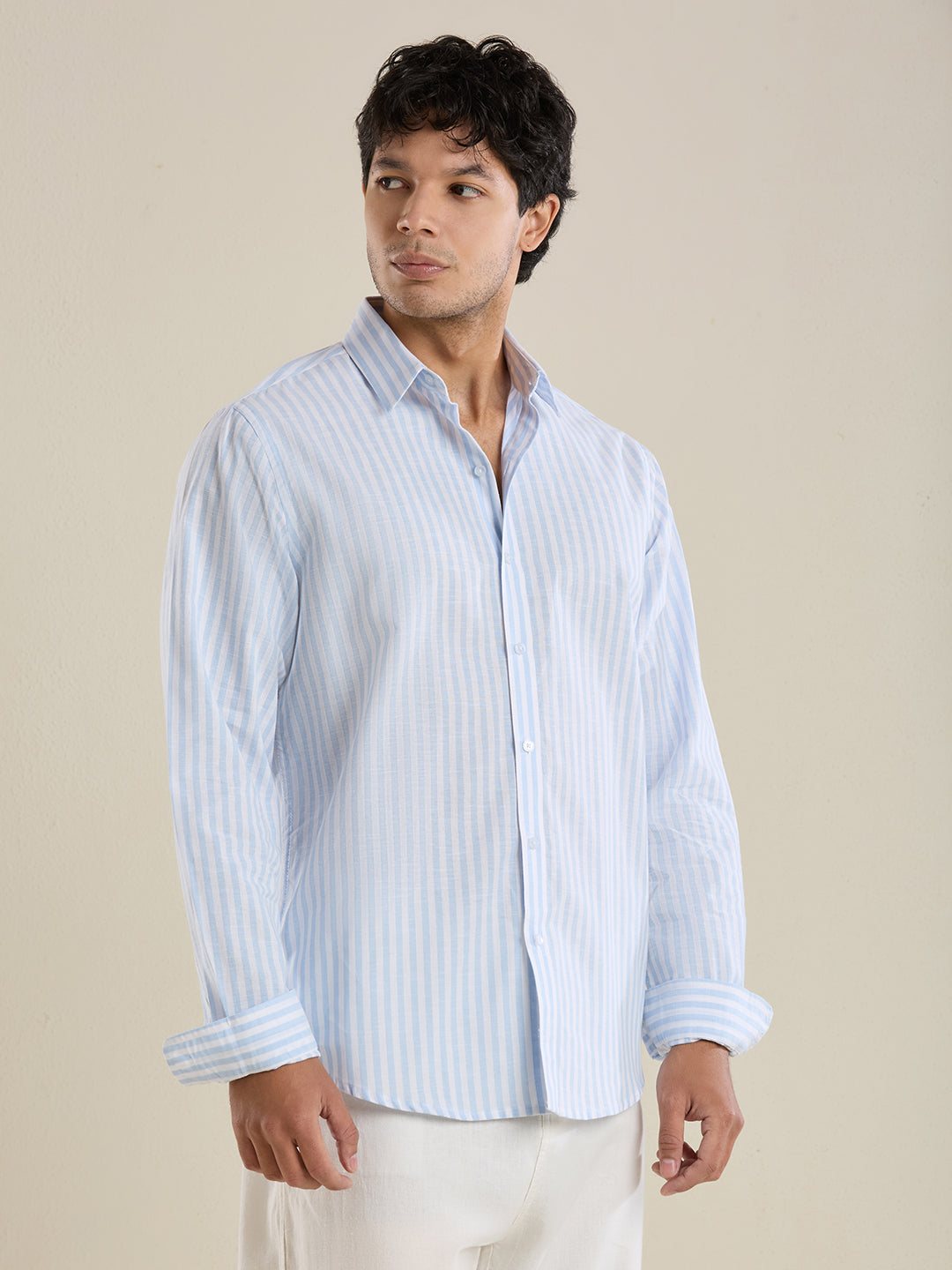 Slim Fit Sky Blue Vertical Striped Linen Shirt