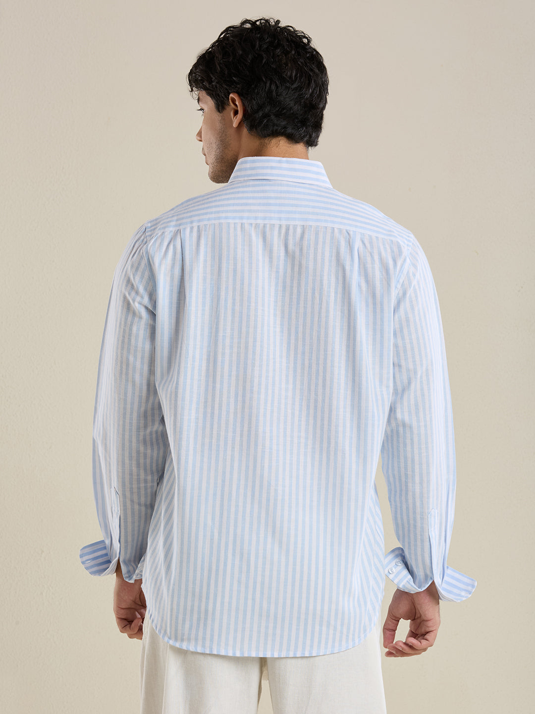 Slim Fit Sky Blue Vertical Striped Linen Shirt